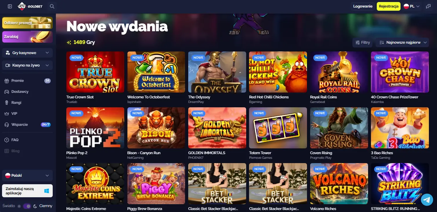 Lobby gier Goldbet Casino z slotami i transmisjami live
