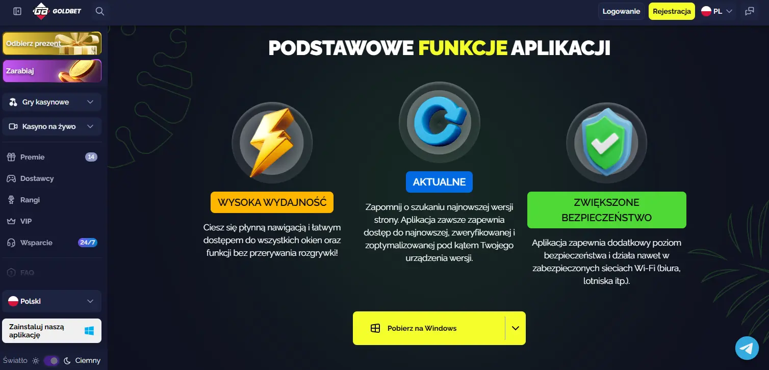 Funkcje mobilne Goldbet Casino PL w przeglądarce telefonu