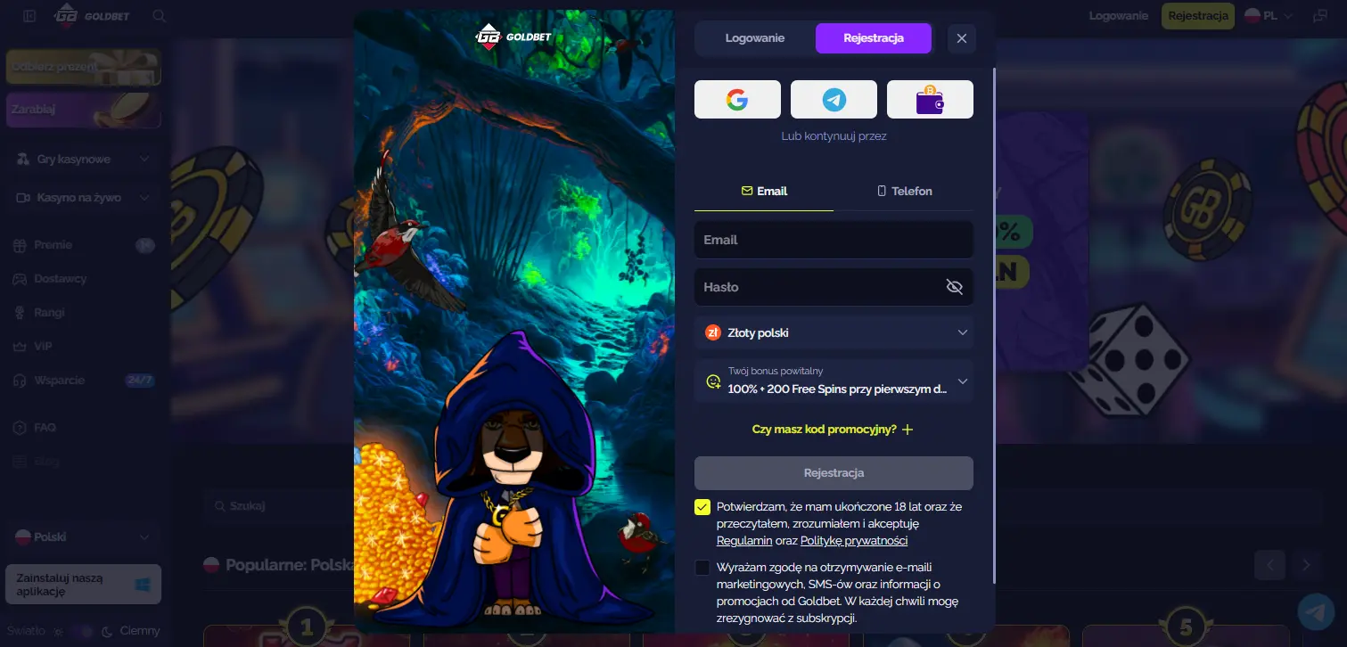 Dwa kroki formularza rejestracji Goldbet Casino PL